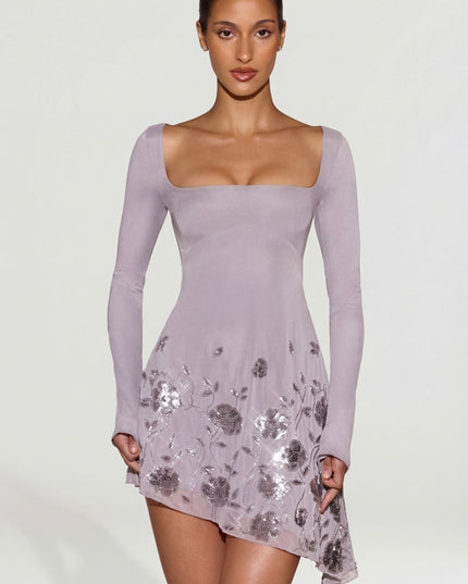 Lilac Embellished Appliqué Asymmetric Mini Dress