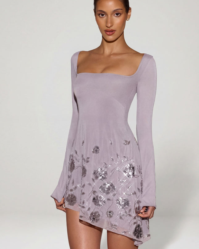 Lilac Embellished Appliqué Asymmetric Mini Dress