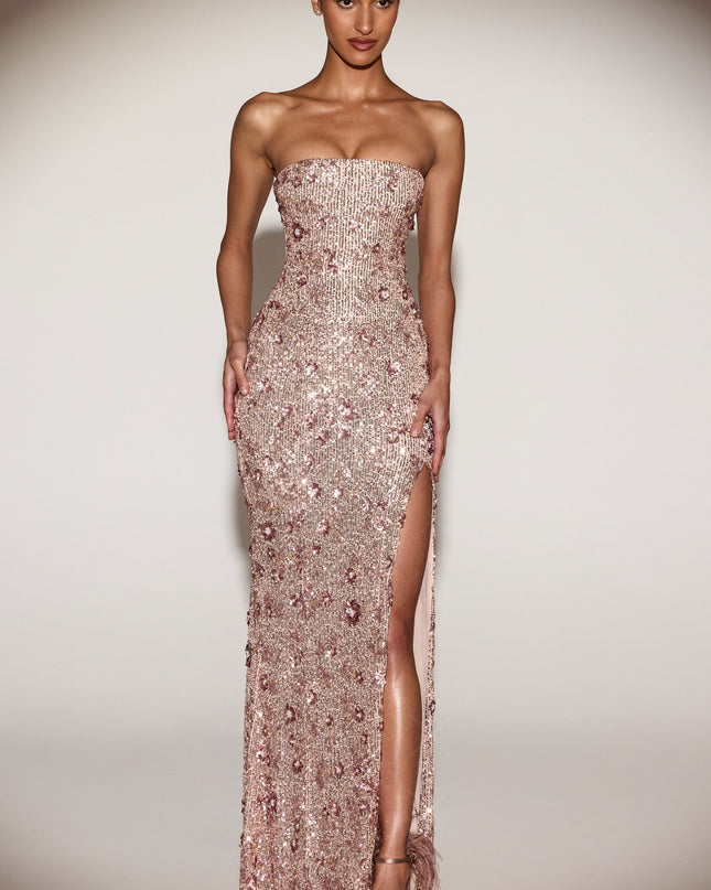 Rose Gold Embellished Bandeau-Neck Strapless Gown