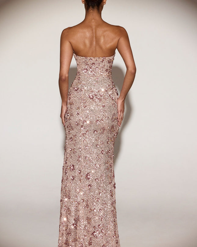 Rose Gold Embellished Bandeau-Neck Strapless Gown
