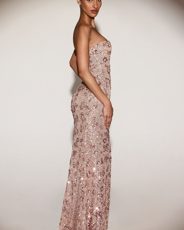 Rose Gold Embellished Bandeau-Neck Strapless Gown