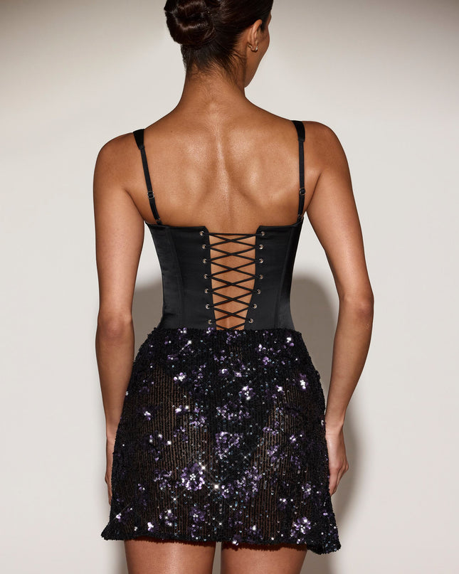 Black Purple Satin Corset Embellished Skirt Mini Dress