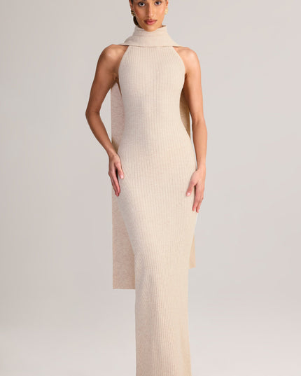 Cream Rib-Knit Scarf-Detail Halterneck Maxi Dress