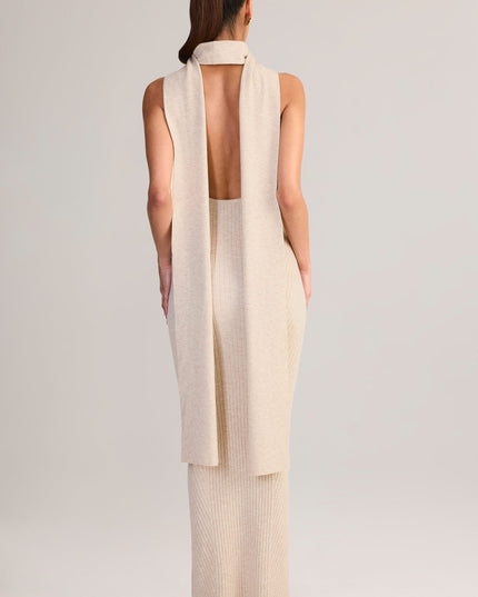 Cream Rib-Knit Scarf-Detail Halterneck Maxi Dress