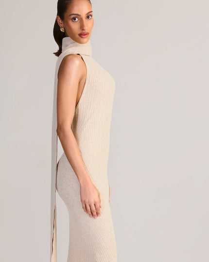 Cream Rib-Knit Scarf-Detail Halterneck Maxi Dress
