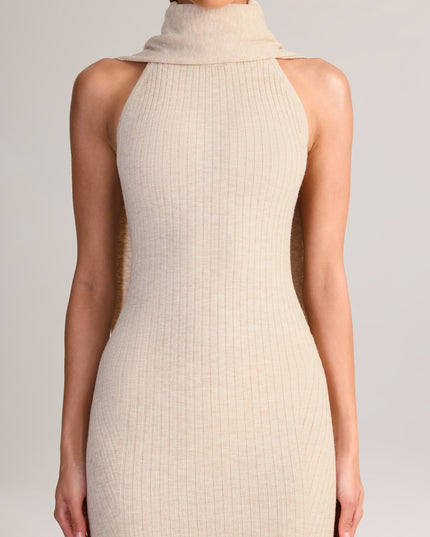 Cream Rib-Knit Scarf-Detail Halterneck Maxi Dress