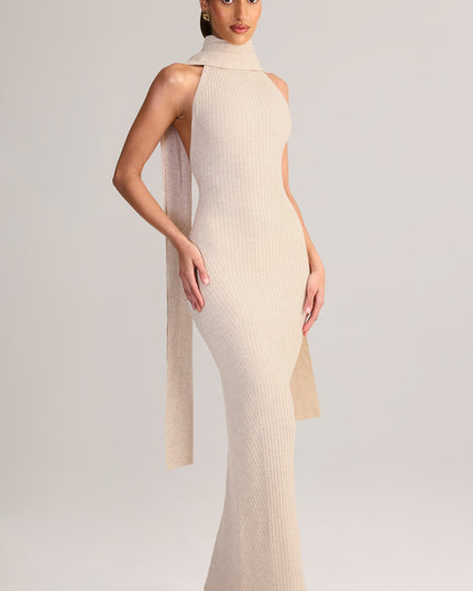 Cream Rib-Knit Scarf-Detail Halterneck Maxi Dress