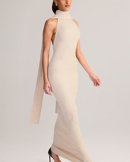 Cream Rib-Knit Scarf-Detail Halterneck Maxi Dress