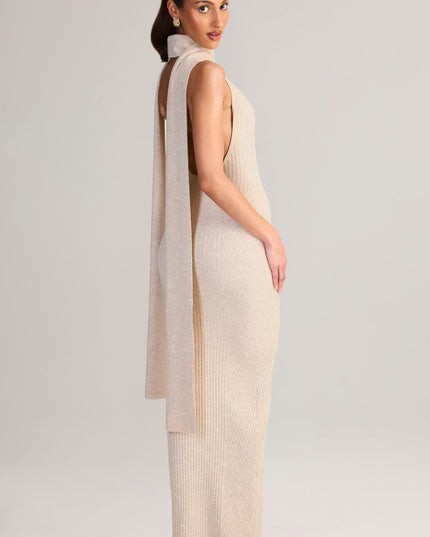 Cream Rib-Knit Scarf-Detail Halterneck Maxi Dress