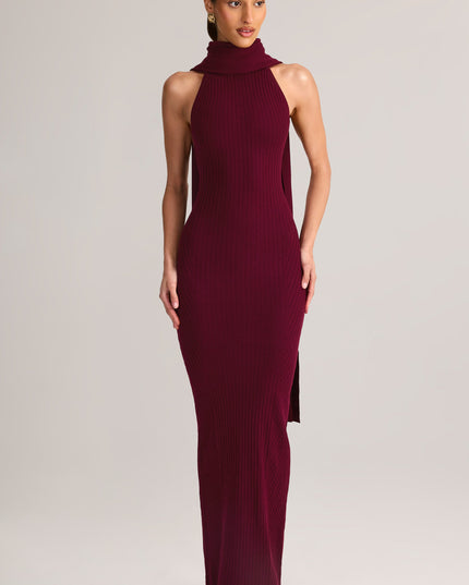 Wine Rib-Knit Scarf-Detail Halterneck Maxi Dress