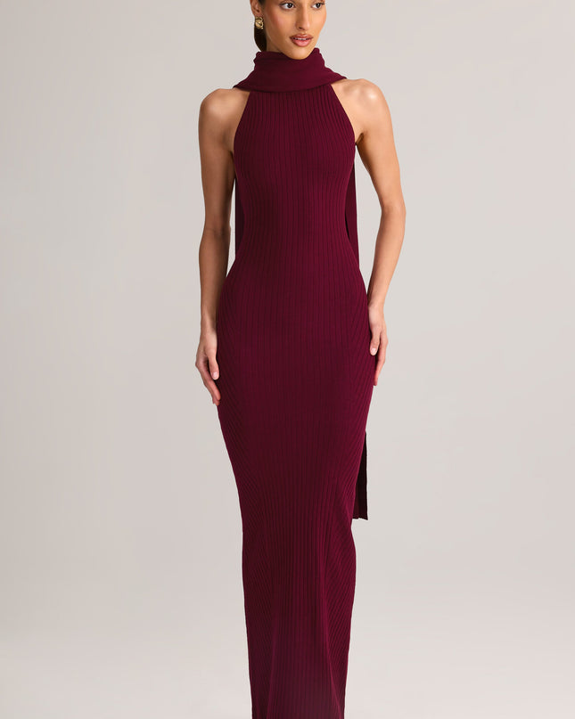 Wine Rib-Knit Scarf-Detail Halterneck Maxi Dress