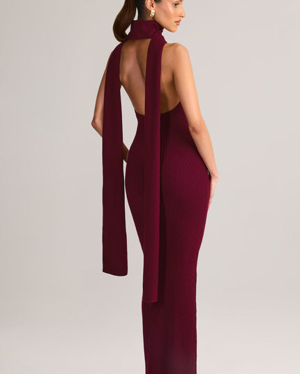 Wine Rib-Knit Scarf-Detail Halterneck Maxi Dress
