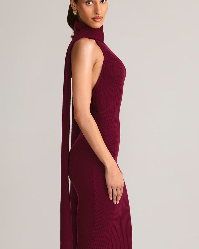 Wine Rib-Knit Scarf-Detail Halterneck Maxi Dress