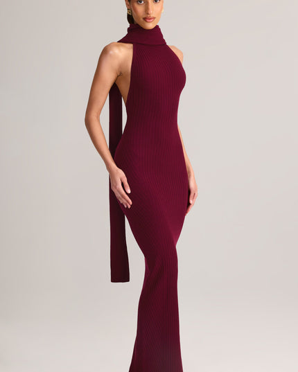 Wine Rib-Knit Scarf-Detail Halterneck Maxi Dress