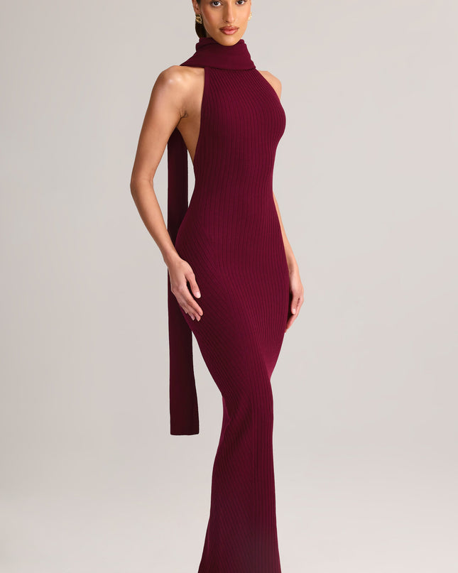 Wine Rib-Knit Scarf-Detail Halterneck Maxi Dress