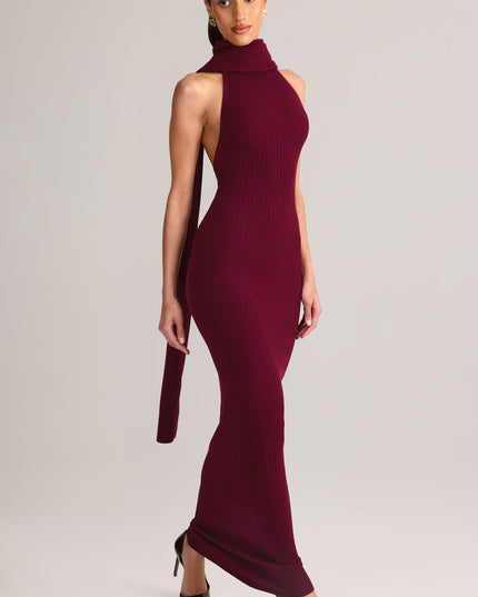 Wine Rib-Knit Scarf-Detail Halterneck Maxi Dress