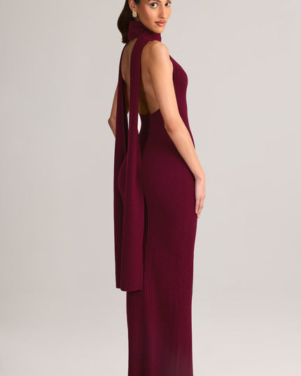 Wine Rib-Knit Scarf-Detail Halterneck Maxi Dress