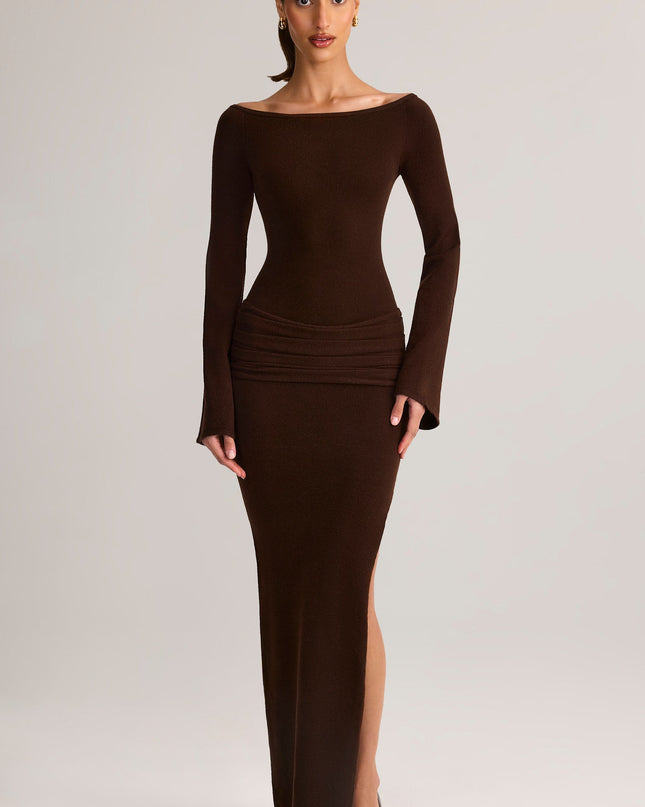 Chocolate Brown Rib-Knit Boat-Neck Long-Sleeve Maxi Dress