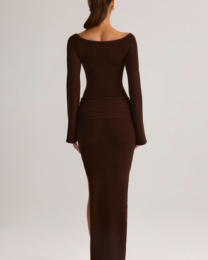 Chocolate Brown Rib-Knit Boat-Neck Long-Sleeve Maxi Dress