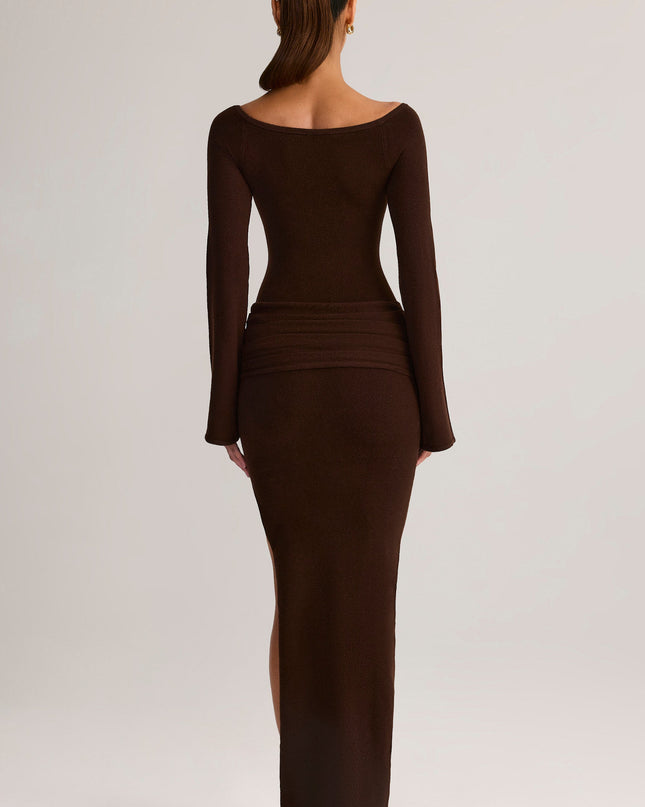 Chocolate Brown Rib-Knit Boat-Neck Long-Sleeve Maxi Dress