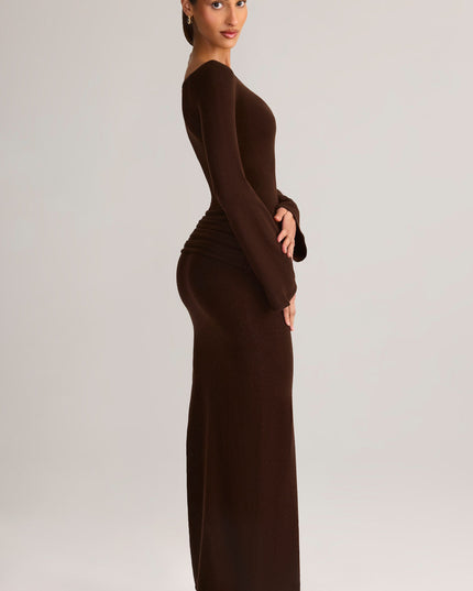 Chocolate Brown Rib-Knit Boat-Neck Long-Sleeve Maxi Dress