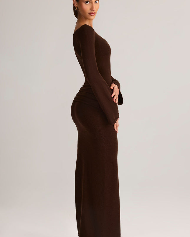 Chocolate Brown Rib-Knit Boat-Neck Long-Sleeve Maxi Dress