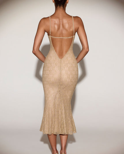 Gold Metallic Lace Plunge-Neck Backless Midaxi Dress