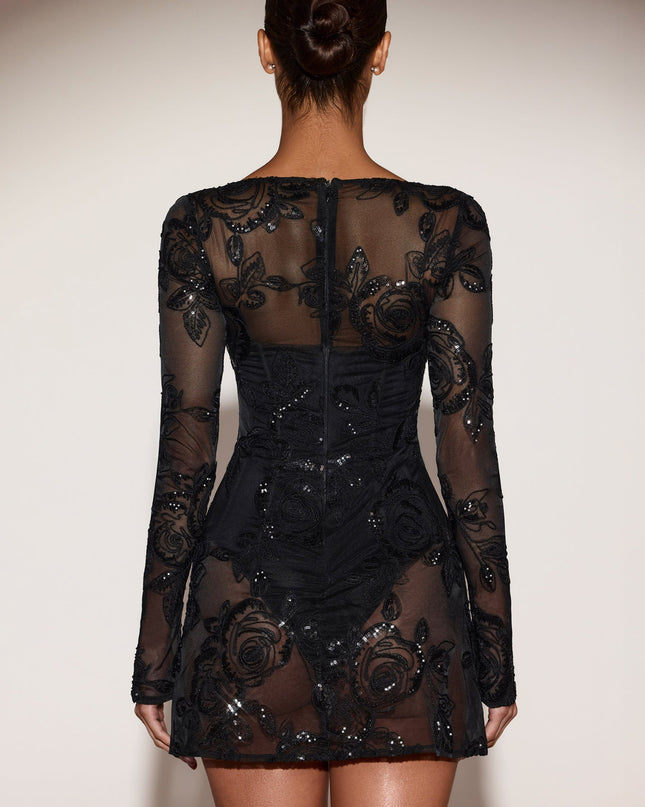 Black Sheer Embellished Bodysuit Corset Mini Dress