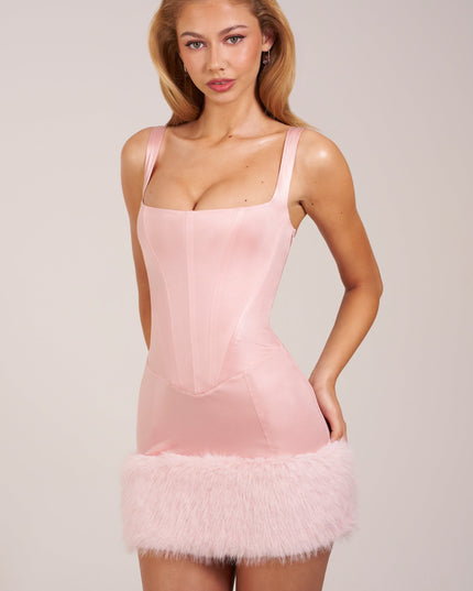 Blush Pink Satin Square-Neck Corset Faux-Fur Mini Dress