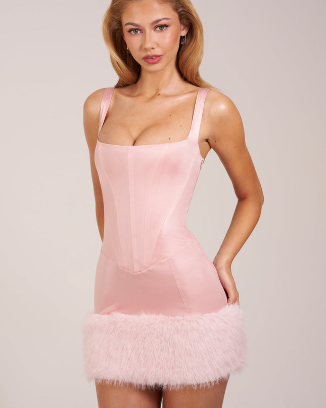 Blush Pink Satin Square-Neck Corset Faux-Fur Mini Dress
