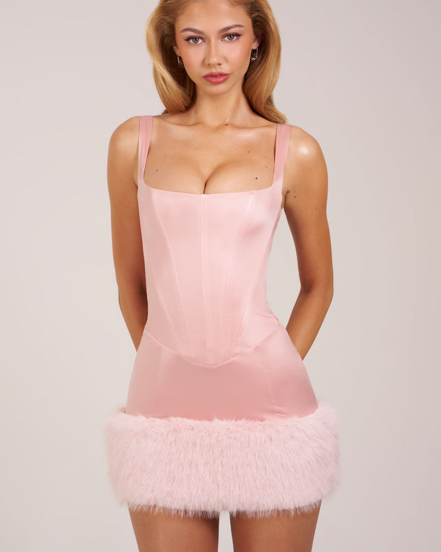 Blush Pink Satin Square-Neck Corset Faux-Fur Mini Dress