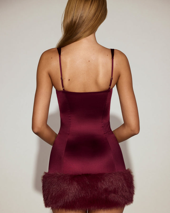 Wine Red Satin Square-Neck Corset Faux-Fur Mini Dress