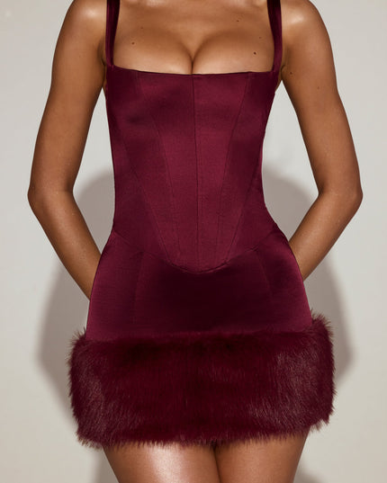 Wine Red Satin Square-Neck Corset Faux-Fur Mini Dress