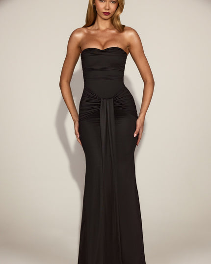 Black Satin Peekaboo Bandeau Draped Gown