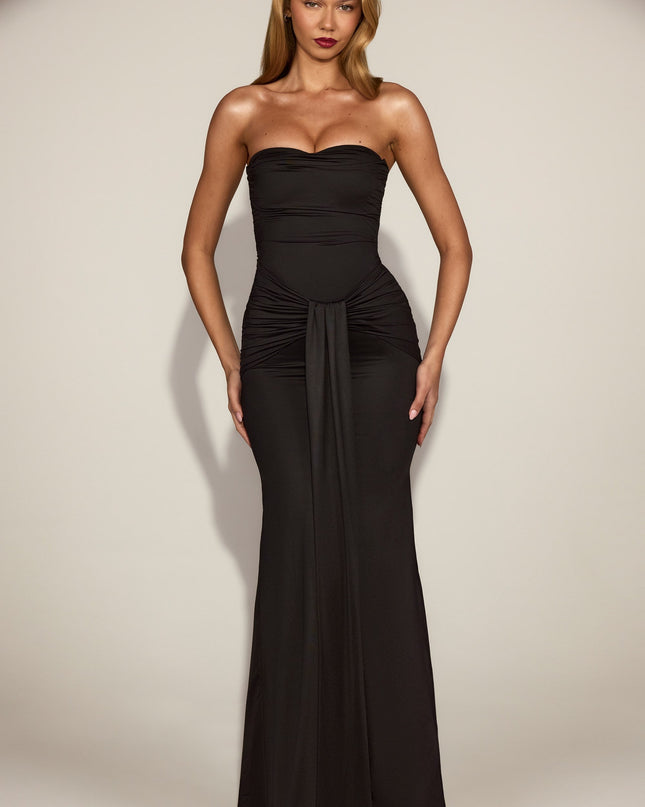 Black Satin Peekaboo Bandeau Draped Gown