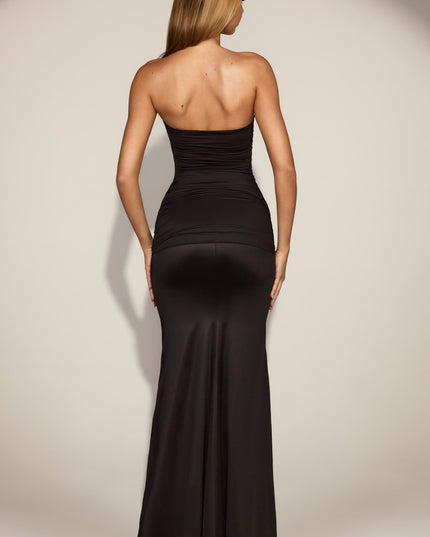 Black Satin Peekaboo Bandeau Draped Gown