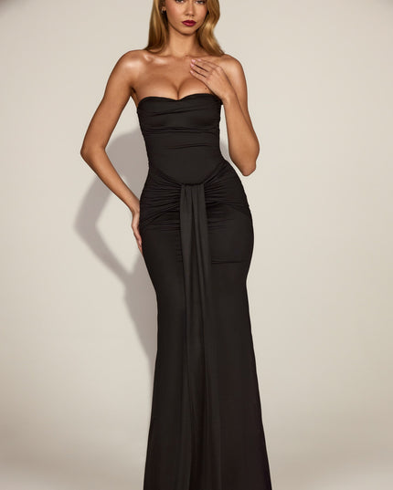 Black Satin Peekaboo Bandeau Draped Gown