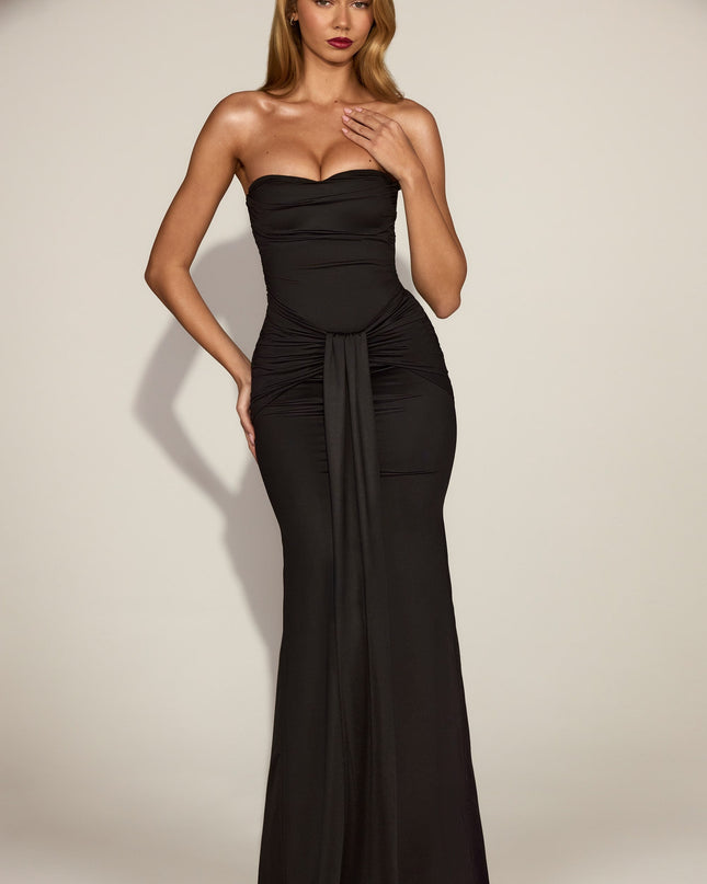 Black Satin Peekaboo Bandeau Draped Gown