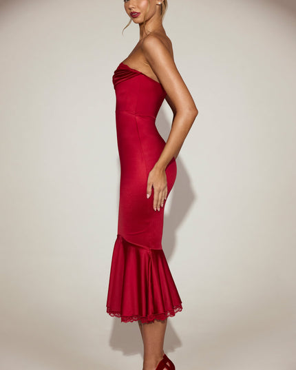 True Red Satin Lace-Trim Bandeau Fluted Midaxi Dress