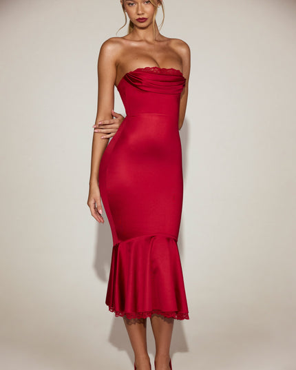 True Red Satin Lace-Trim Bandeau Fluted Midaxi Dress