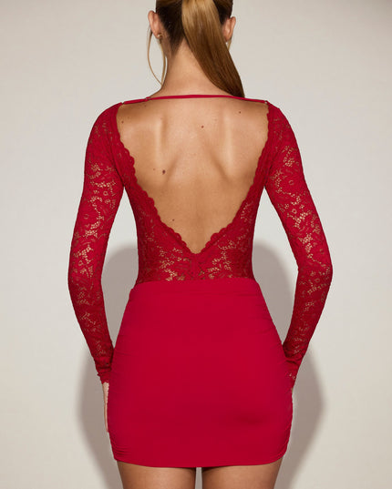 True Red Sheer Lace Boat-Neck Mini Dress