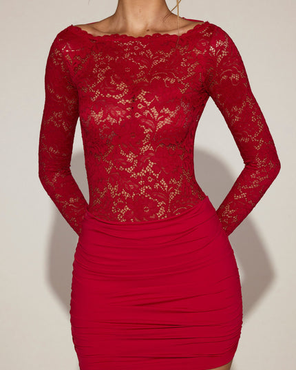 True Red Sheer Lace Boat-Neck Mini Dress