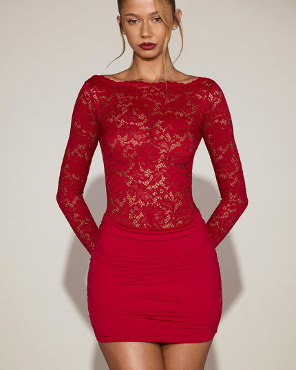 True Red Sheer Lace Boat-Neck Mini Dress