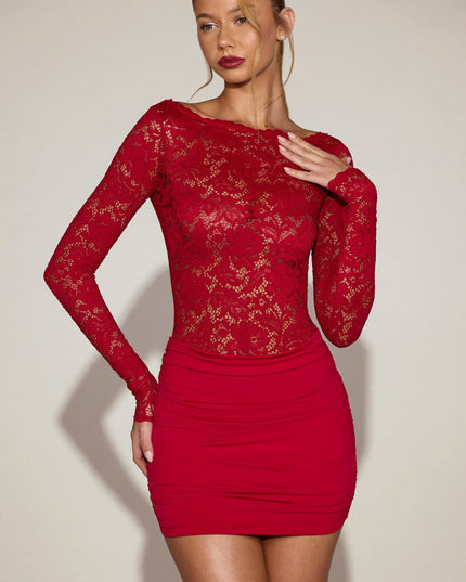 True Red Sheer Lace Boat-Neck Mini Dress