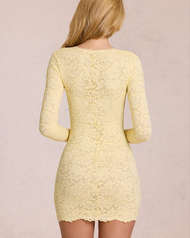 Lemon Yellow Scalloped-Lace Long-Sleeve Mini Dress