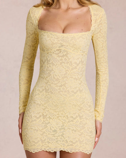 Lemon Yellow Scalloped-Lace Long-Sleeve Mini Dress