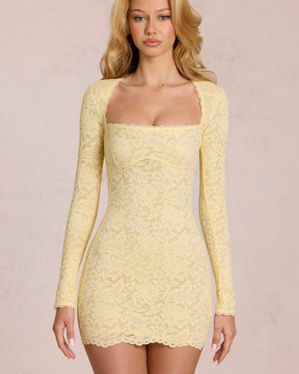 Lemon Yellow Scalloped-Lace Long-Sleeve Mini Dress