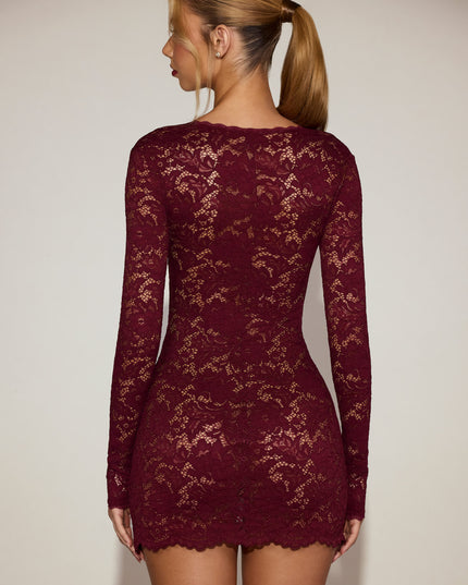 Wine Red Sheer Scalloped-Lace Long-Sleeve Mini Dress
