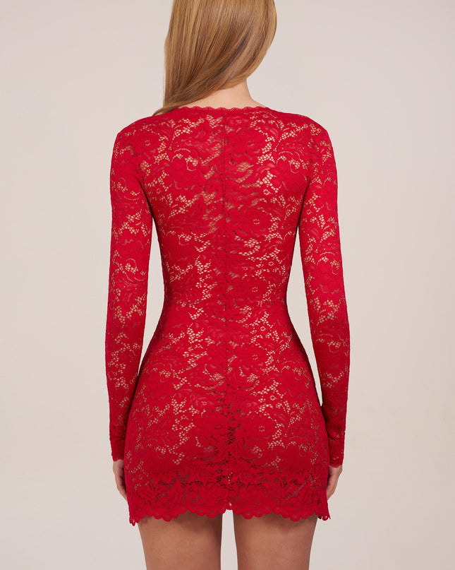 Rose Red Sheer Scalloped-Lace Long-Sleeve Mini Dress
