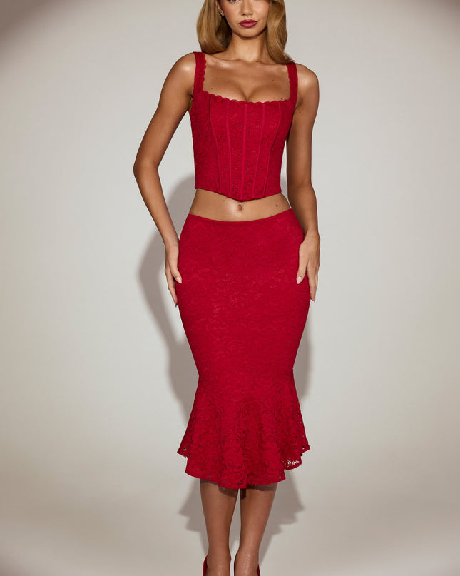 True Red Lace Mid-Rise Fluted Midi Skirt
